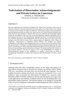 Nativization of Dissertation Acknowledgements and Private Letters in Cameroon1 DANIEL A