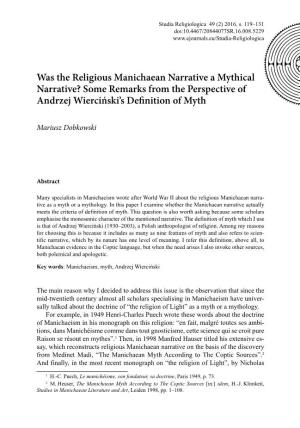 Was the Religious Manichaean Narrative a Mythical Narrative? Some Remarks from the Perspective of Andrzej Wierciński's Defini
