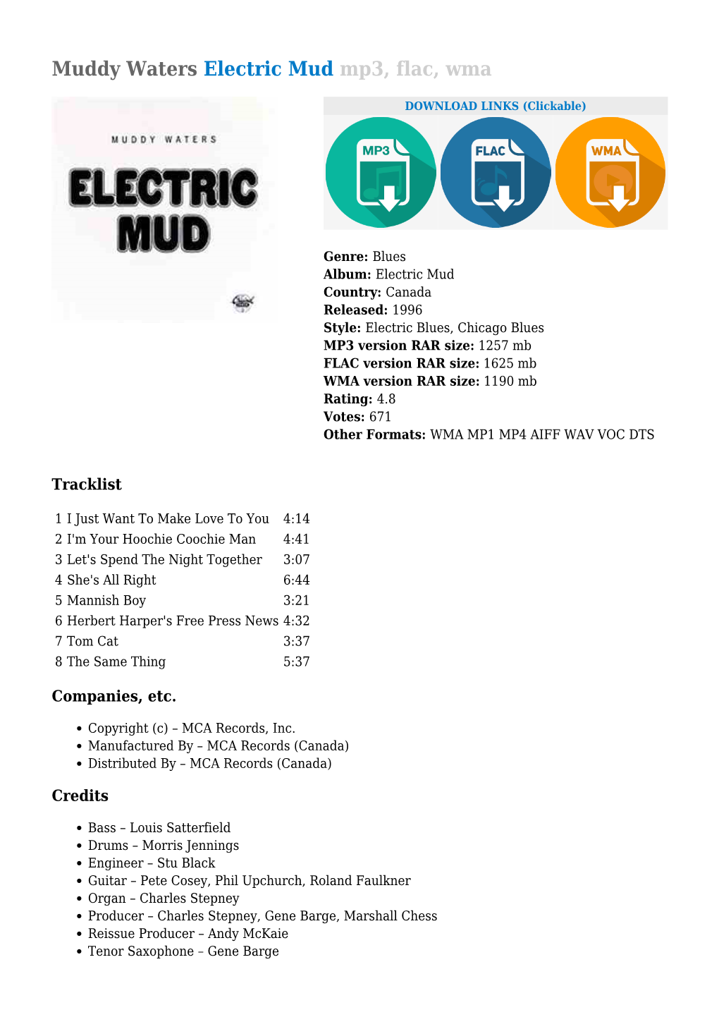 Muddy Waters Electric Mud Mp3, Flac, Wma