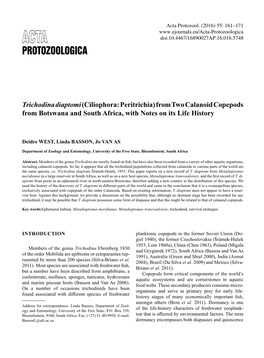 Trichodina Diaptomi (Ciliophora: Peritrichia) from Two Calanoid Copepods from Botswana and South Africa, with Notes on Its Life History