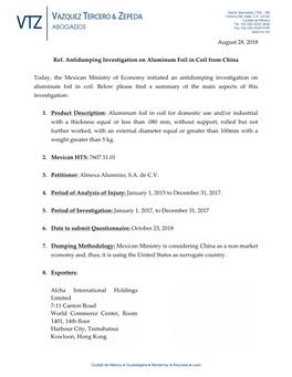 August 28, 2018 Ref. Antidumping Investigation on Aluminum Foil In