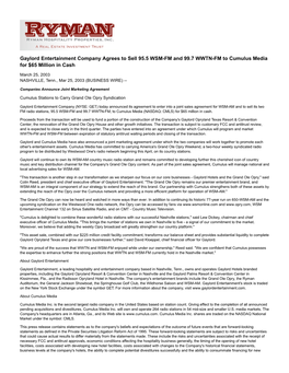 Gaylord Entertainment Company Agrees to Sell 95.5 WSM-FM and 99.7 WWTN-FM to Cumulus Media for $65 Million in Cash