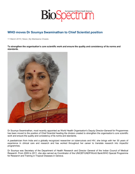 WHO Moves Dr Soumya Swaminathan to Chief Scientist Position