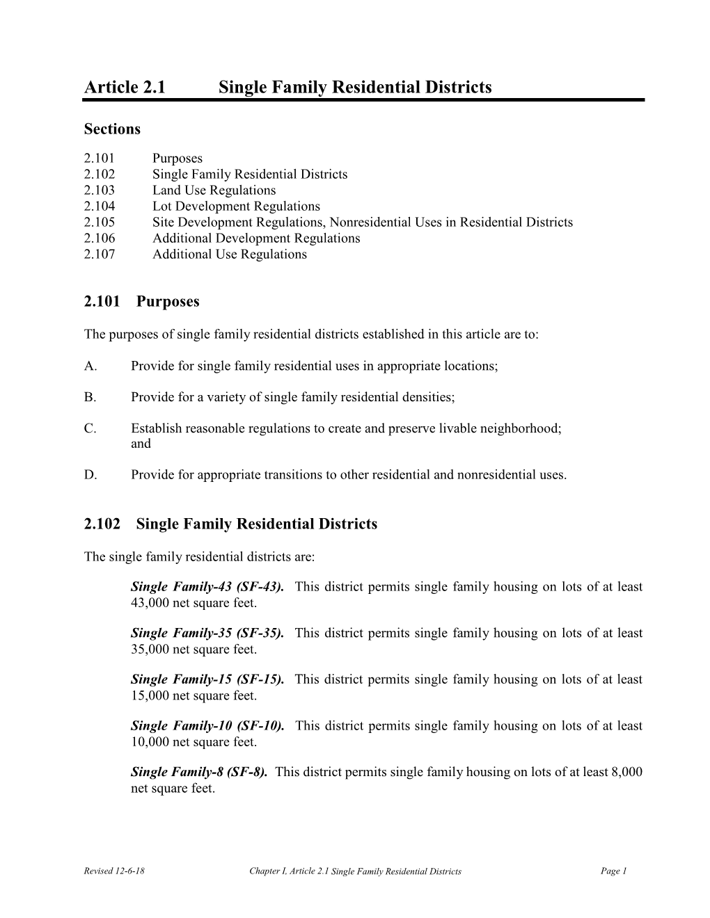 Article 2.1 Single Family Residential Districts