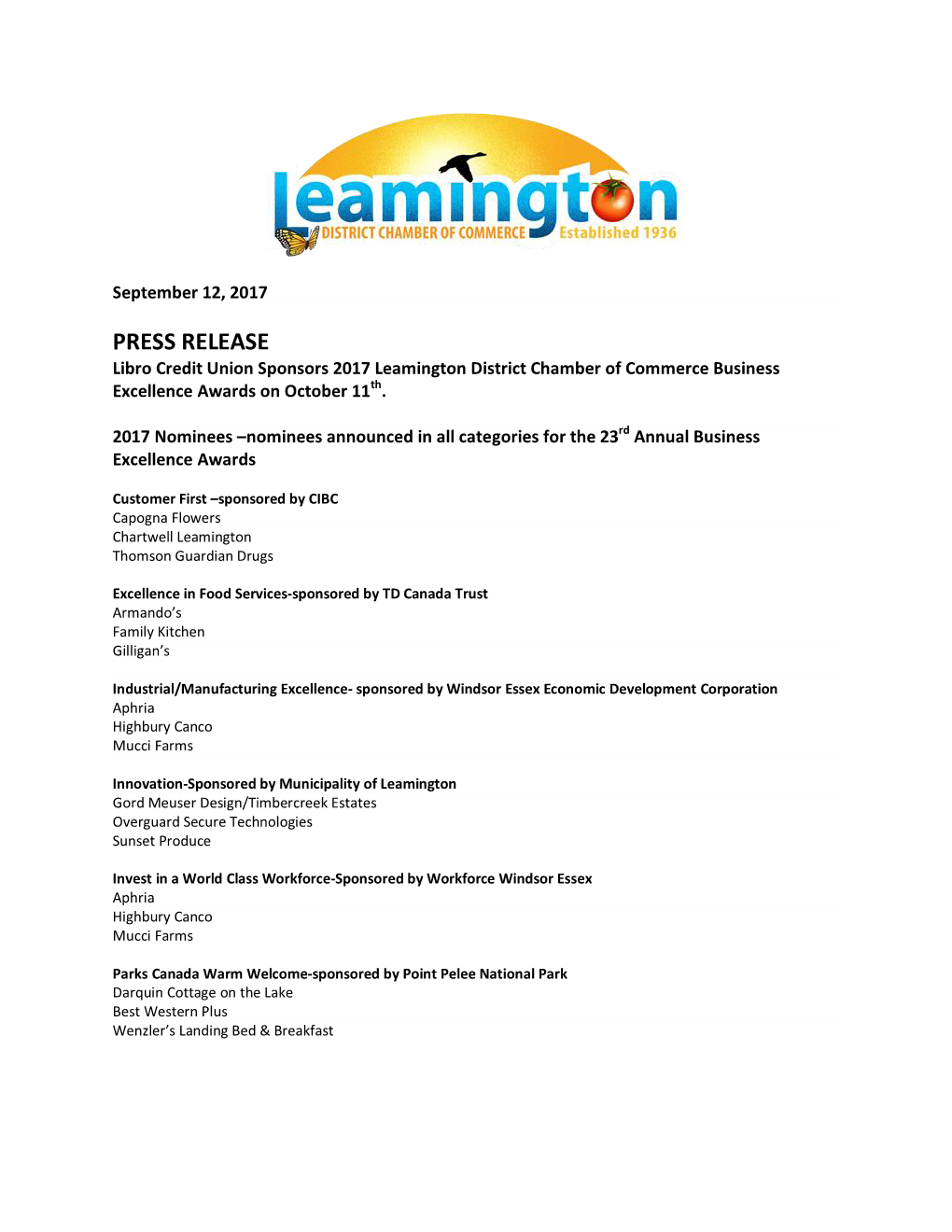 PRESS RELEASE Libro Credit Union Sponsors 2017 Leamington District Chamber of Commerce Business Excellence Awards on October 11Th