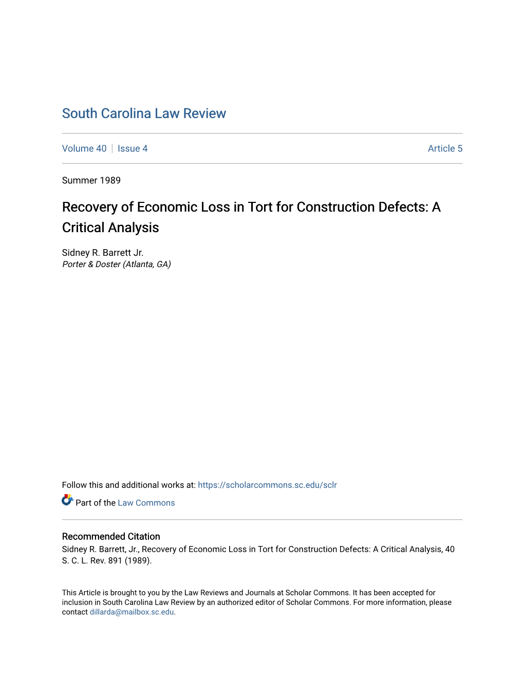 Recovery of Economic Loss in Tort for Construction Defects: a Critical Analysis
