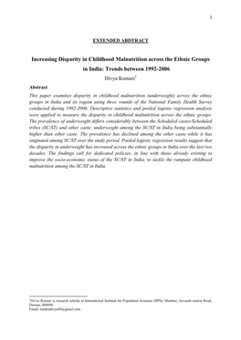 Increasing Disparity in Childhood Malnutrition Across the Ethnic Groups in India: Trends Between 1992-2006