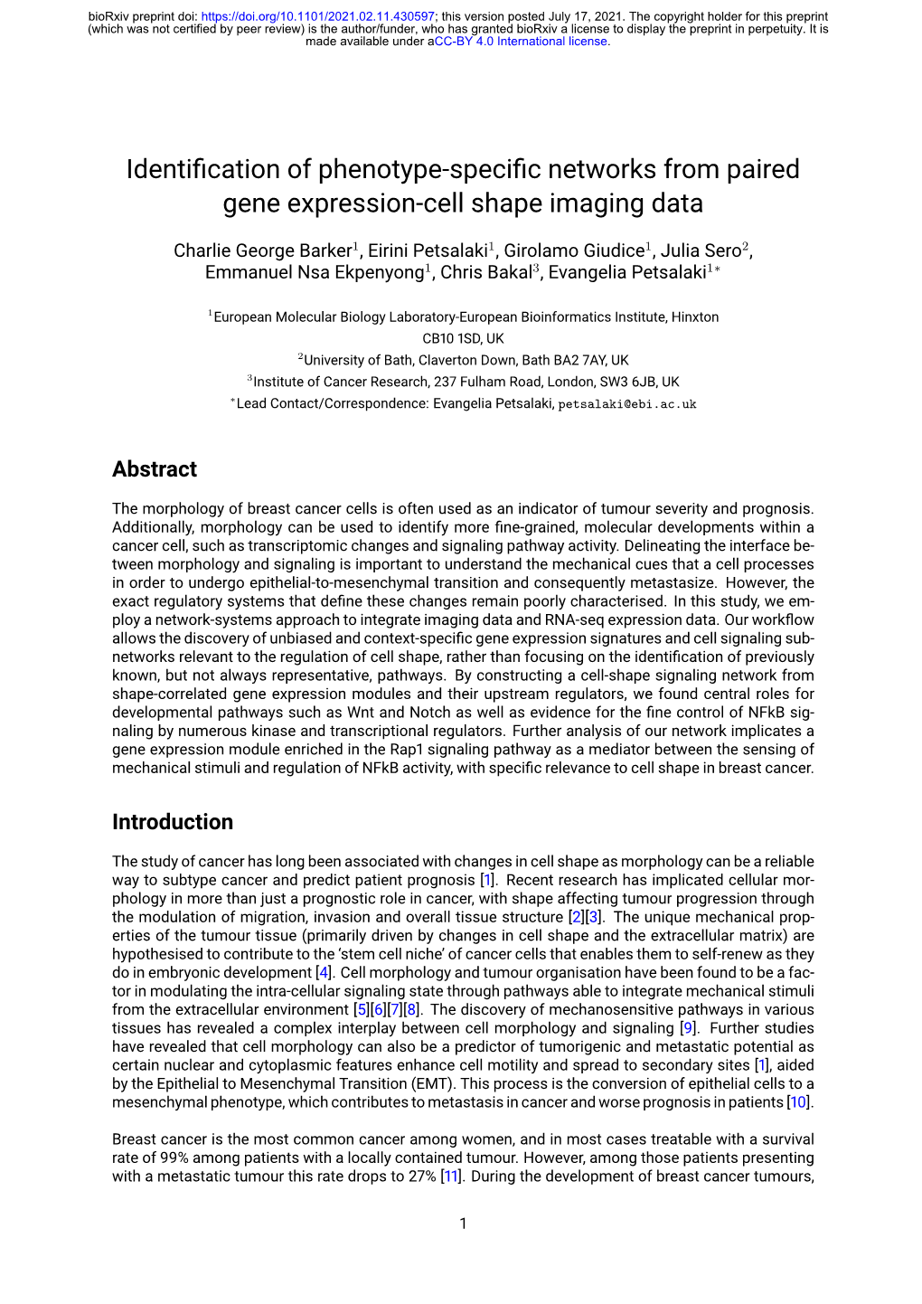 Identi Cation of Phenotype-Speci C Networks from Paired Gene Expression-Cell Shape Imaging Data