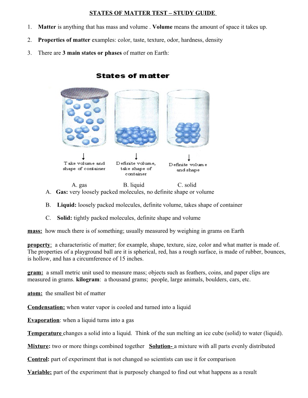 States of Matter Test Study Guide