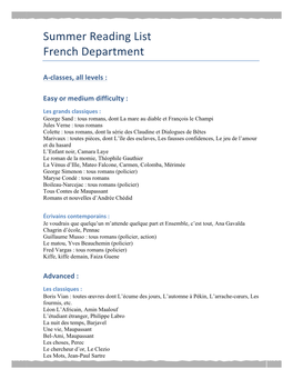 Summer Reading List French Department