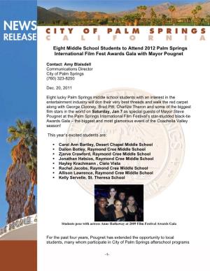 Eight Middle School Students to Attend 2012 Palm Springs International Film Fest Awards Gala with Mayor Pougnet