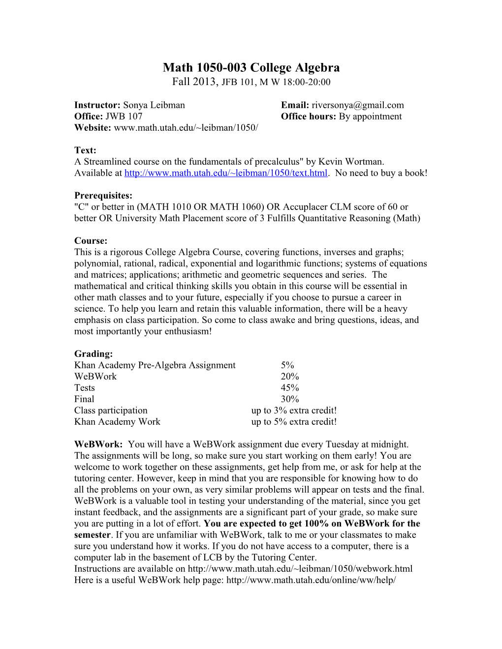 Math 1050-003 College Algebra