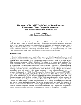 The Impact of the “BRIC Thesis” and the Rise of Emerging Economies on Global Competitive Advantage: Will There Be a Shift from West to East?