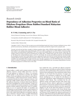 Dependence of Adhesion Properties on Blend Ratio of Ethylene-Propylene-Diene Rubber/Standard Malaysian Rubber Blend Adhesive