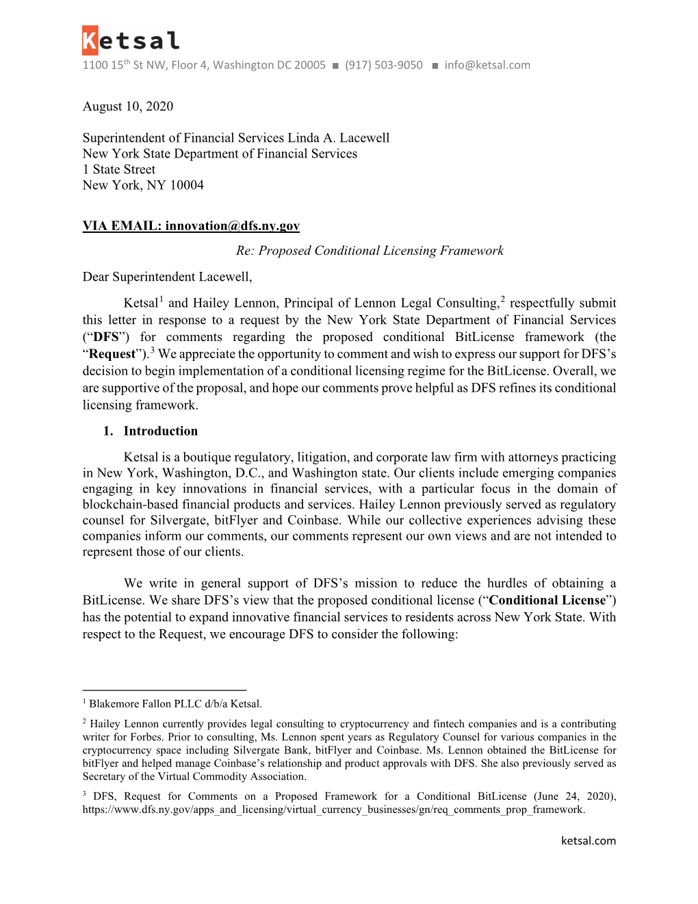 Ketsal and Hailey Lennon – NYDFS Comment Letter