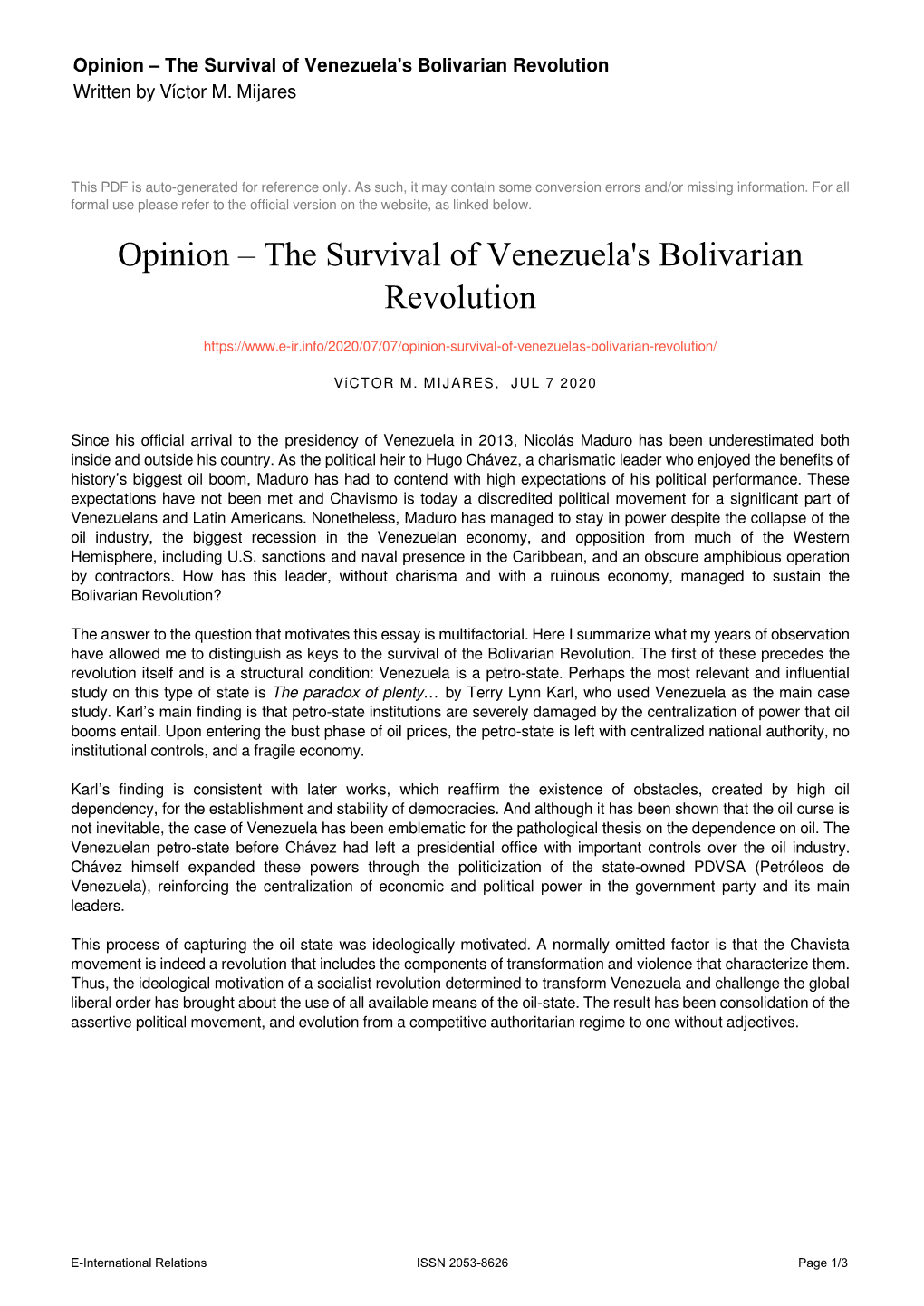 The Survival of Venezuela's Bolivarian Revolution Written by Víctor M