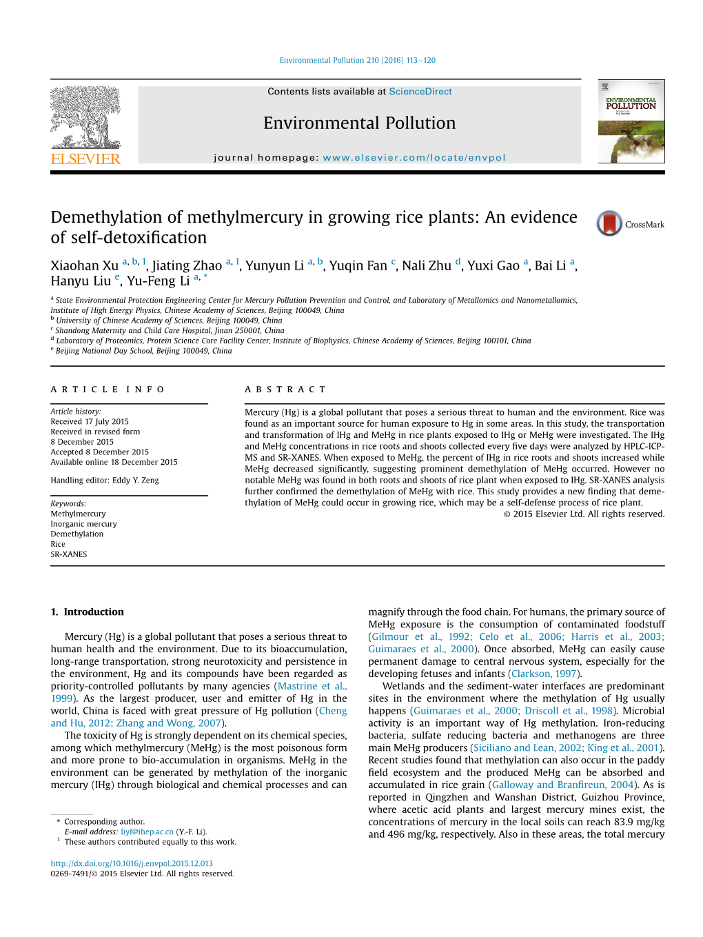 Demethylation of Methylmercury in Growing Rice Plants: an Evidence of Self-Detoxiﬁcation