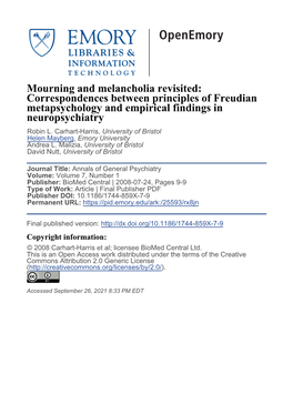 Mourning and Melancholia Revisited: Correspondences Between Principles of Freudian Metapsychology and Empirical Findings in Neuropsychiatry Robin L