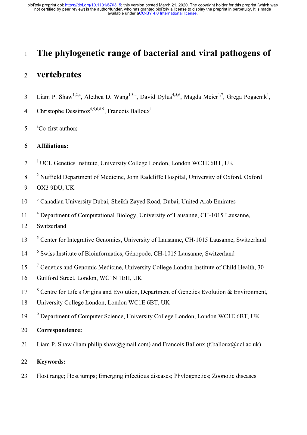 The Phylogenetic Range of Bacterial and Viral Pathogens of Vertebrates