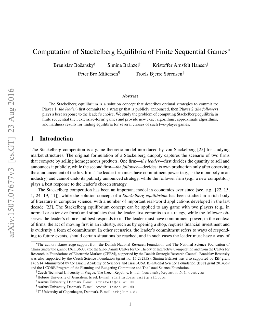 Computation of Stackelberg Equilibria of Finite Sequential Games∗