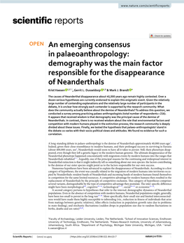 Demography Was the Main Factor Responsible for the Disappearance of Neanderthals Krist Vaesen 1,2*, Gerrit L