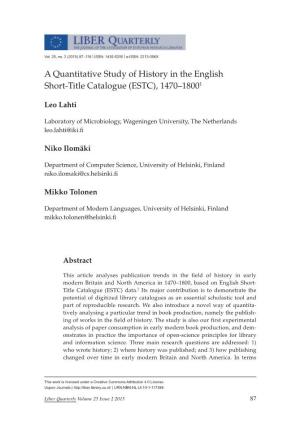 A Quantitative Study of History in the English Short-Title Catalogue (ESTC), 1470–18001