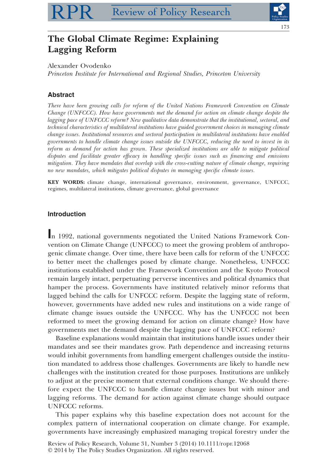 The Global Climate Regime: Explaining Lagging Reform