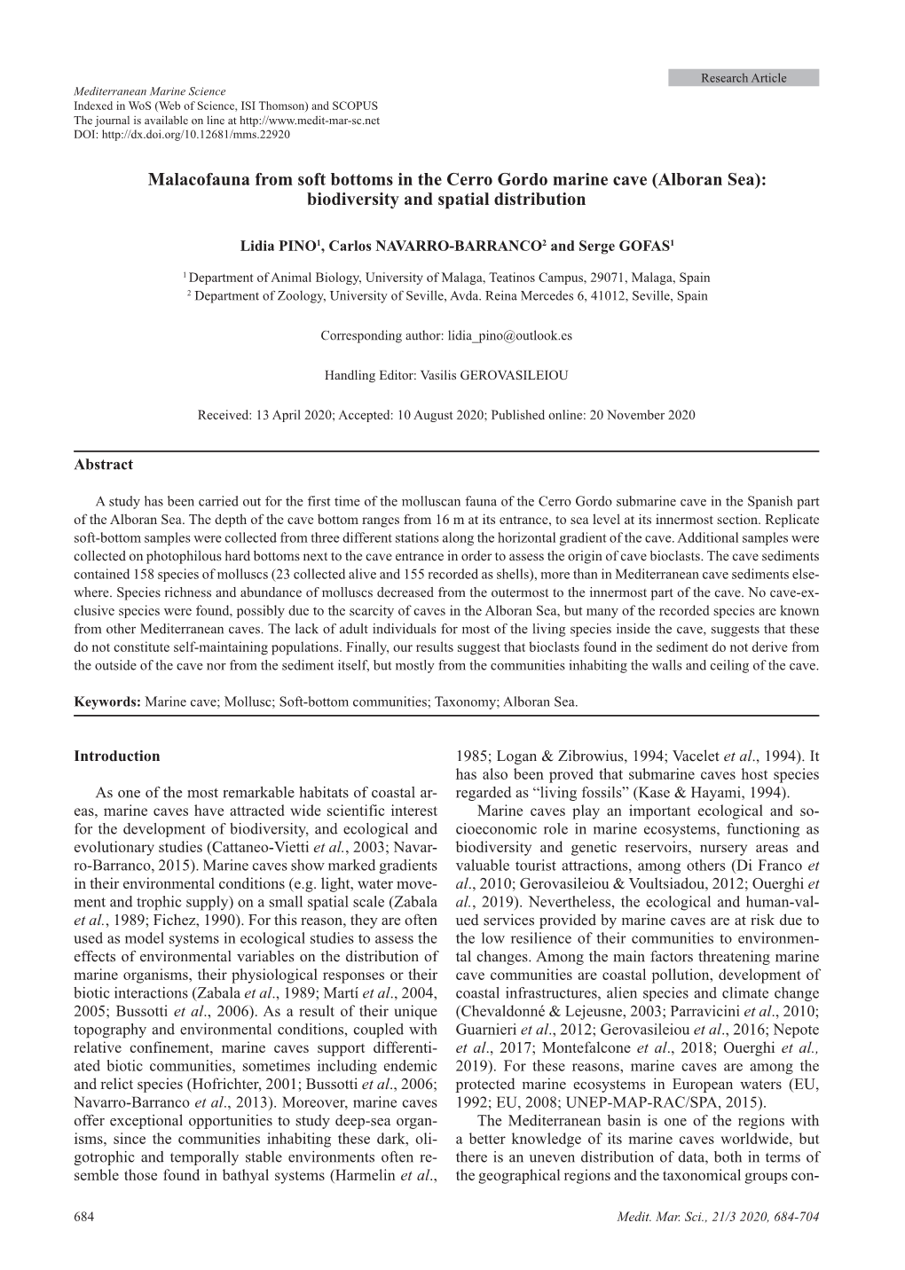 Malacofauna from Soft Bottoms in the Cerro Gordo Marine Cave (Alboran Sea): Biodiversity and Spatial Distribution