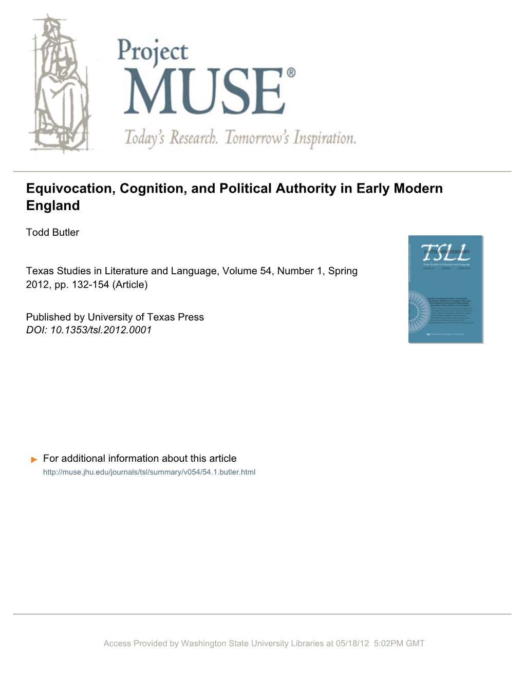 Equivocation, Cognition, and Political Authority in Early Modern England