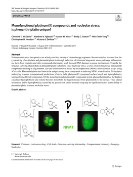 Monofunctional Platinum(II) Compounds and Nucleolar Stress: Is Phenanthriplatin Unique?