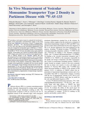 In Vivo Measurement of Vesicular Monoamine Transporter Type 2 Density in Parkinson Disease with 18F-AV-133