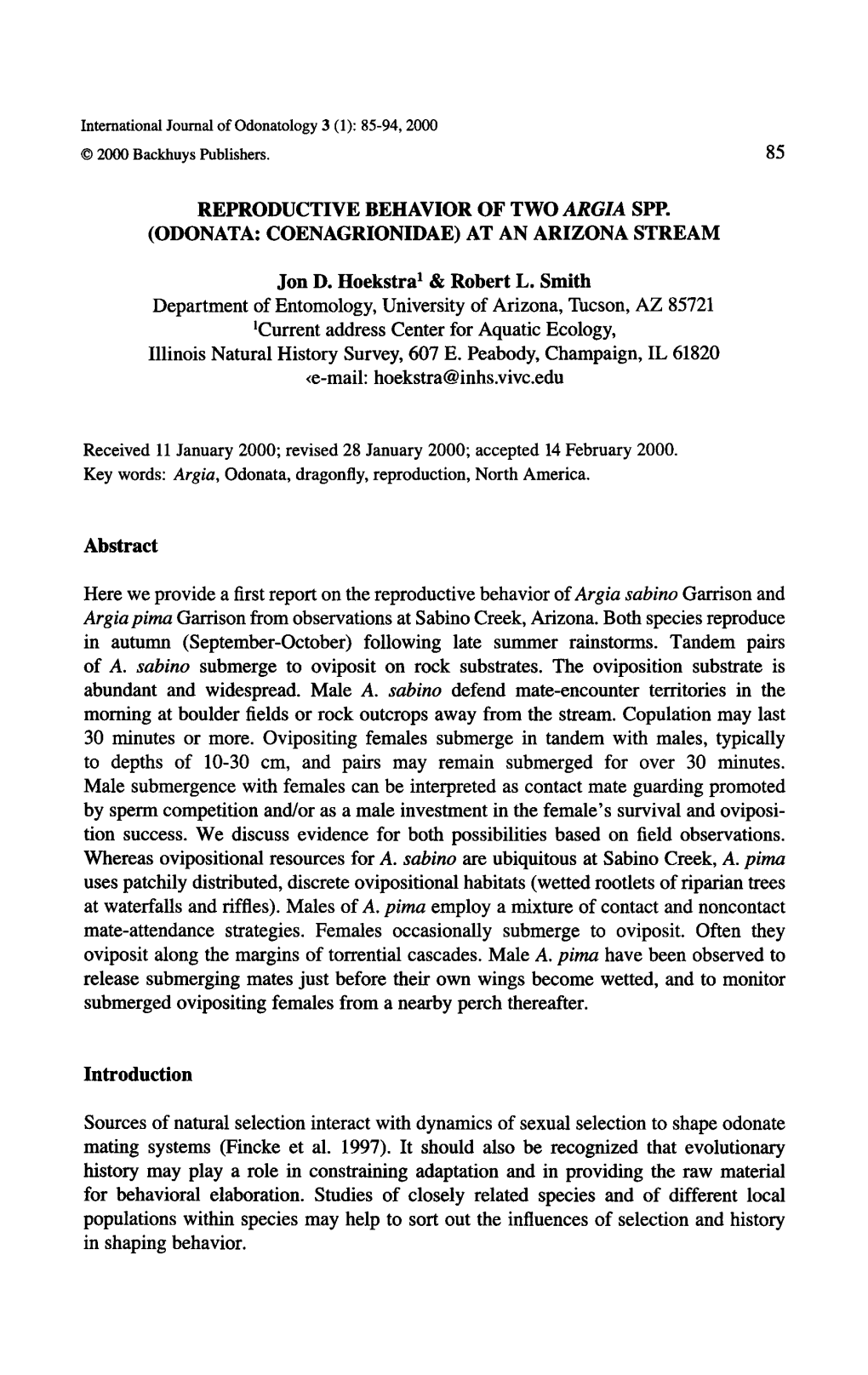 Reproductive Behavior of Two Argia Spp