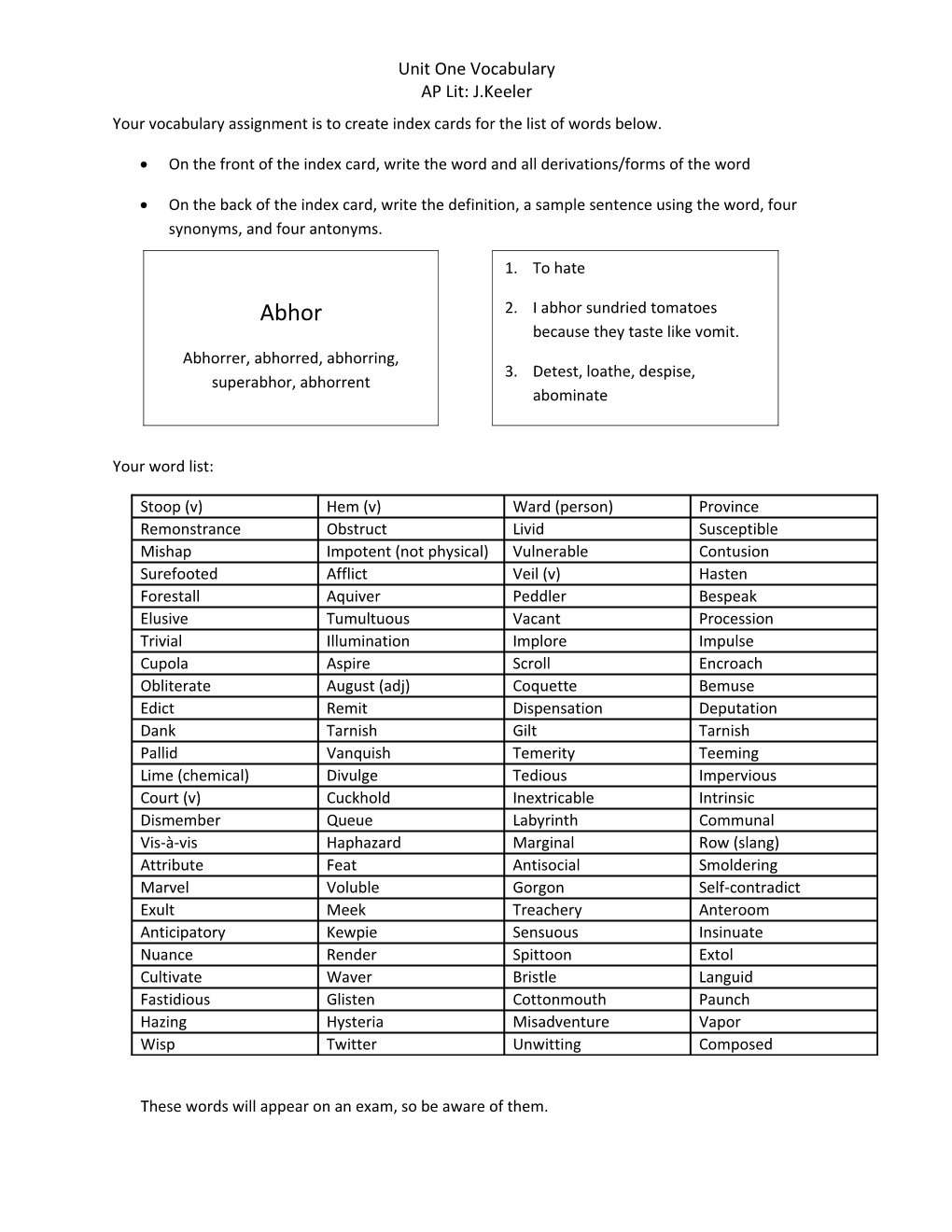 Your Vocabulary Assignment Is to Create Index Cards for the List of Words Below