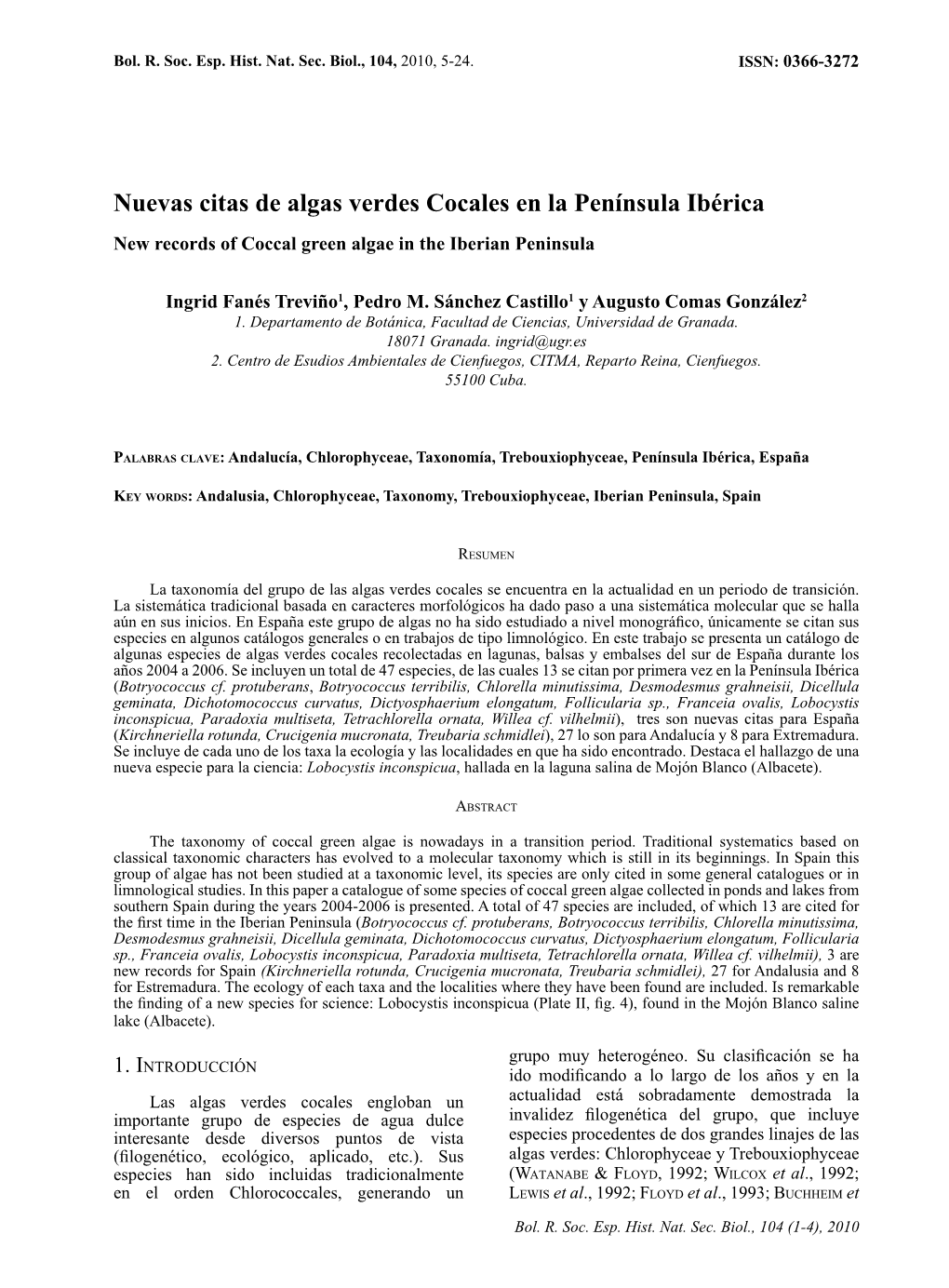 Nuevas Citas De Algas Verdes Cocales En La Península Ibérica New Records of Coccal Green Algae in the Iberian Peninsula