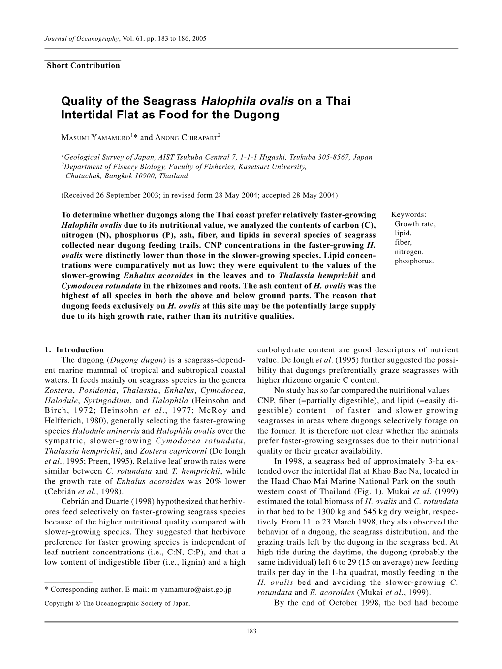 Quality of the Seagrass Halophila Ovalis on a Thai Intertidal Flat As Food for the Dugong