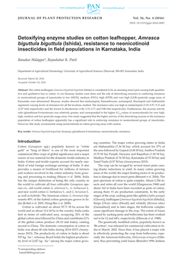 Detoxifying Enzyme Studies on Cotton Leafhopper, Amrasca Biguttula Biguttula (Ishida), Resistance to Neonicotinoid Insecticides