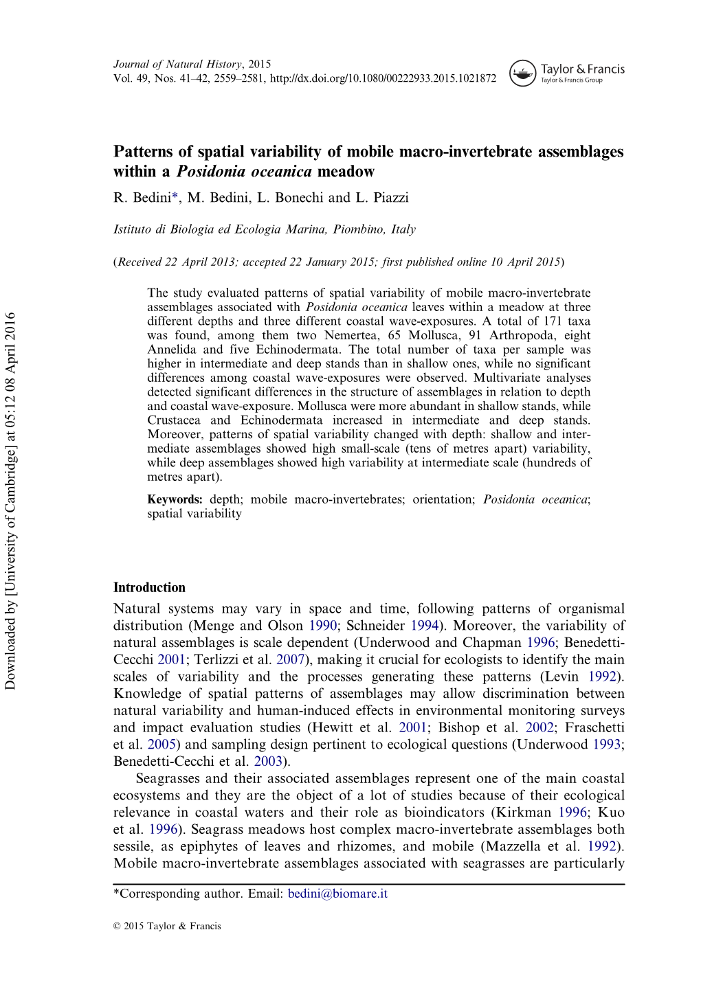 Patterns of Spatial Variability of Mobile Macro-Invertebrate Assemblages Within a Posidonia Oceanica Meadow R