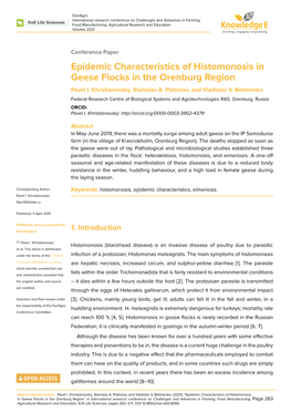 Epidemic Characteristics of Histomonosis in Geese Flocks in the Orenburg Region Pavel I