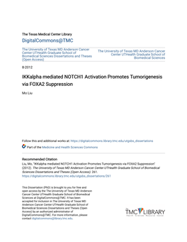 Ikkalpha Mediated NOTCH1 Activation Promotes Tumorigenesis Via FOXA2 Suppression