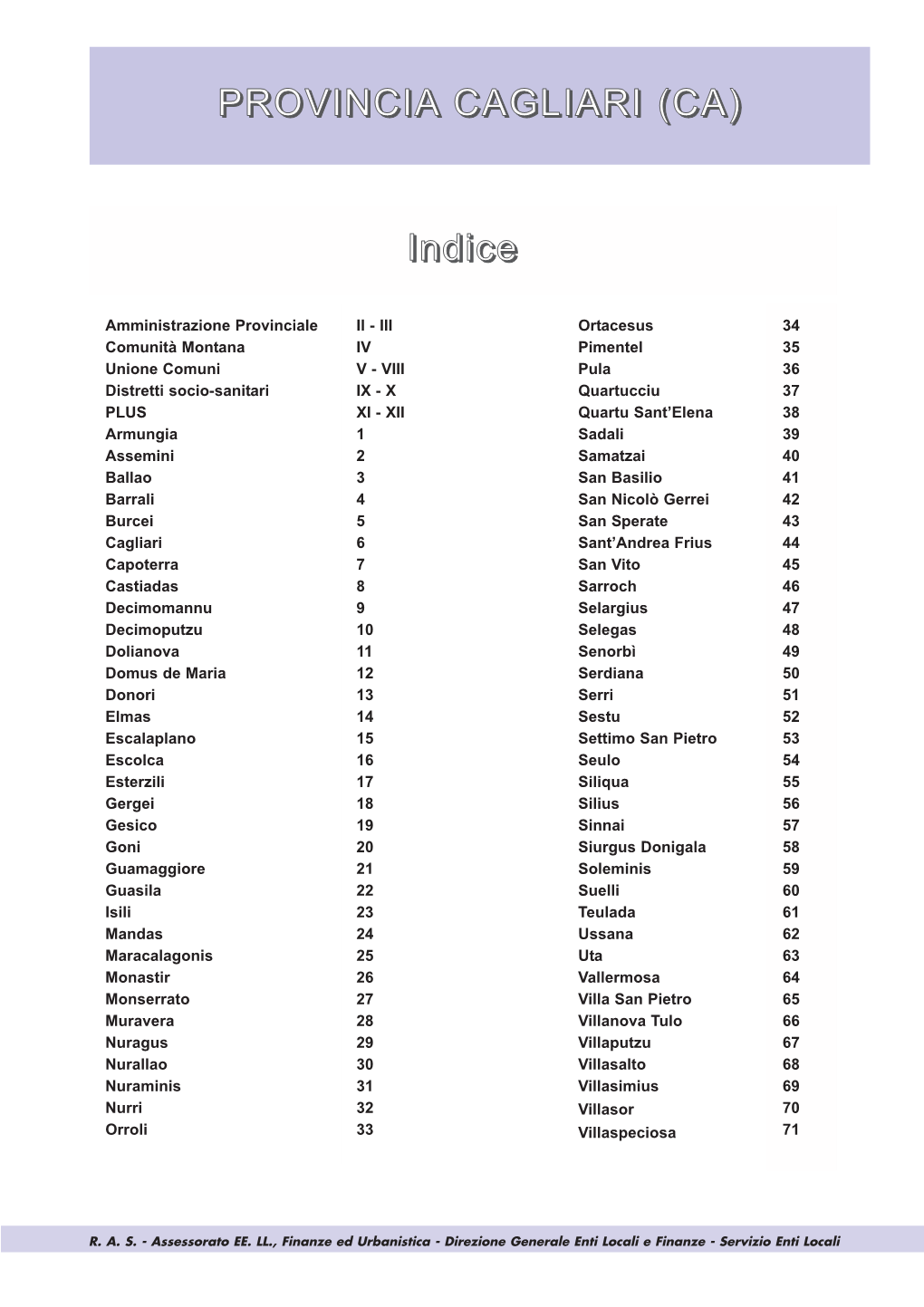 PROVINCIA CAGLIARI (CA) Indice