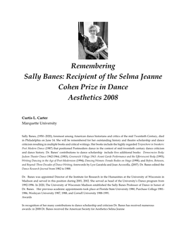 Remembering Sally Banes: Recipient of the Selma Jeanne Cohen Prize in Dance Aesthetics 2008