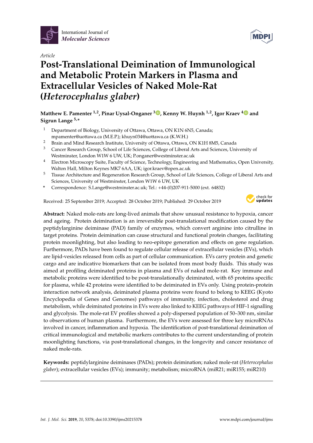 Post-Translational Deimination of Immunological and Metabolic Protein Markers in Plasma and Extracellular Vesicles of Naked Mole-Rat (Heterocephalus Glaber)