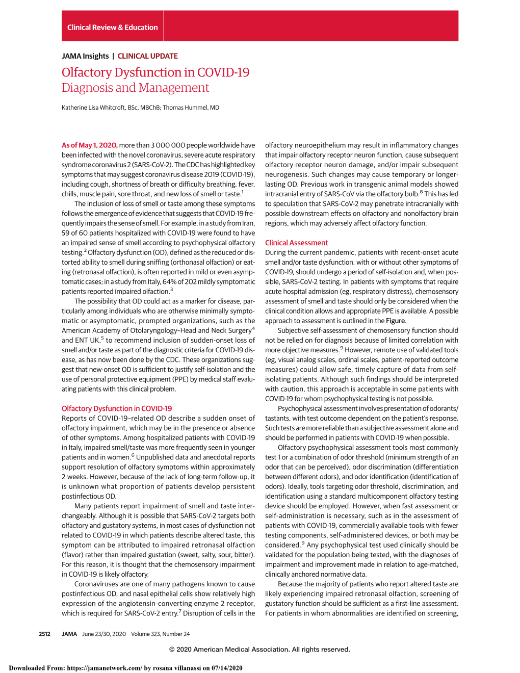 Olfactory Dysfunction in COVID-19 Diagnosis and Management