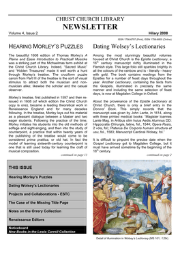 CHRIST CHURCH LIBRARY NEWSLETTER Volume 4, Issue 2 Hilary 2008