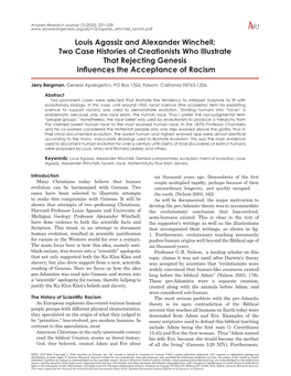 Louis Agassiz and Alexander Winchell: Two Case Histories of Creationists Who Illustrate That Rejecting Genesis Influences the Acceptance of Racism