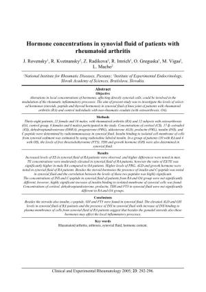 Hormone Concentrations in Synovial Fluid of Patients with Rheumatoid Arthritis J