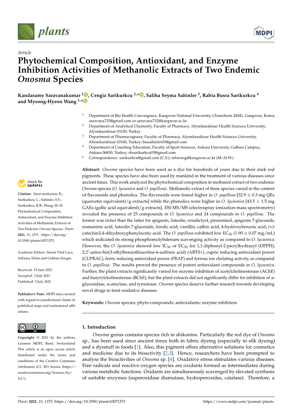 Phytochemical Composition, Antioxidant, and Enzyme Inhibition Activities of Methanolic Extracts of Two Endemic Onosma Species