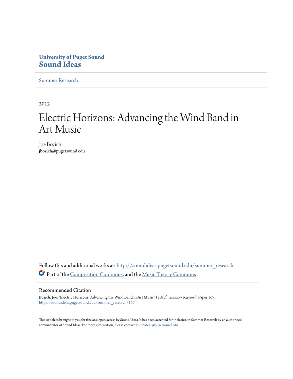 Electric Horizons: Advancing the Wind Band in Art Music Joe Bozich Jbozich@Pugetsound.Edu