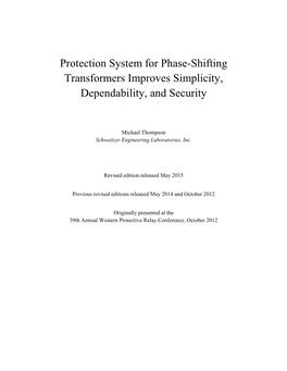 Protection System for Phase-Shifting Transformers Improves Simplicity, Dependability, and Security