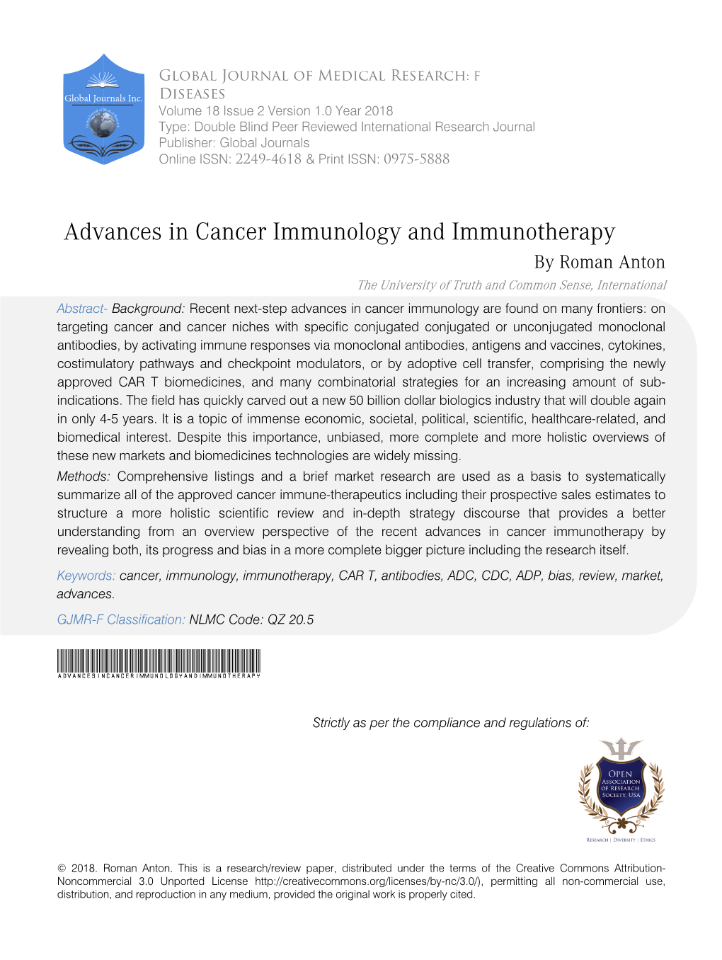 Advances in Cancer Immunology and Immunotherapy